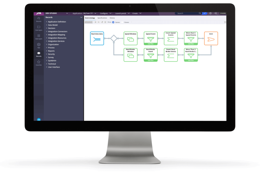 A monitor showcasing a development environment and a visual programming interface used by analytical users to detect relevant events in real-time data streams.
